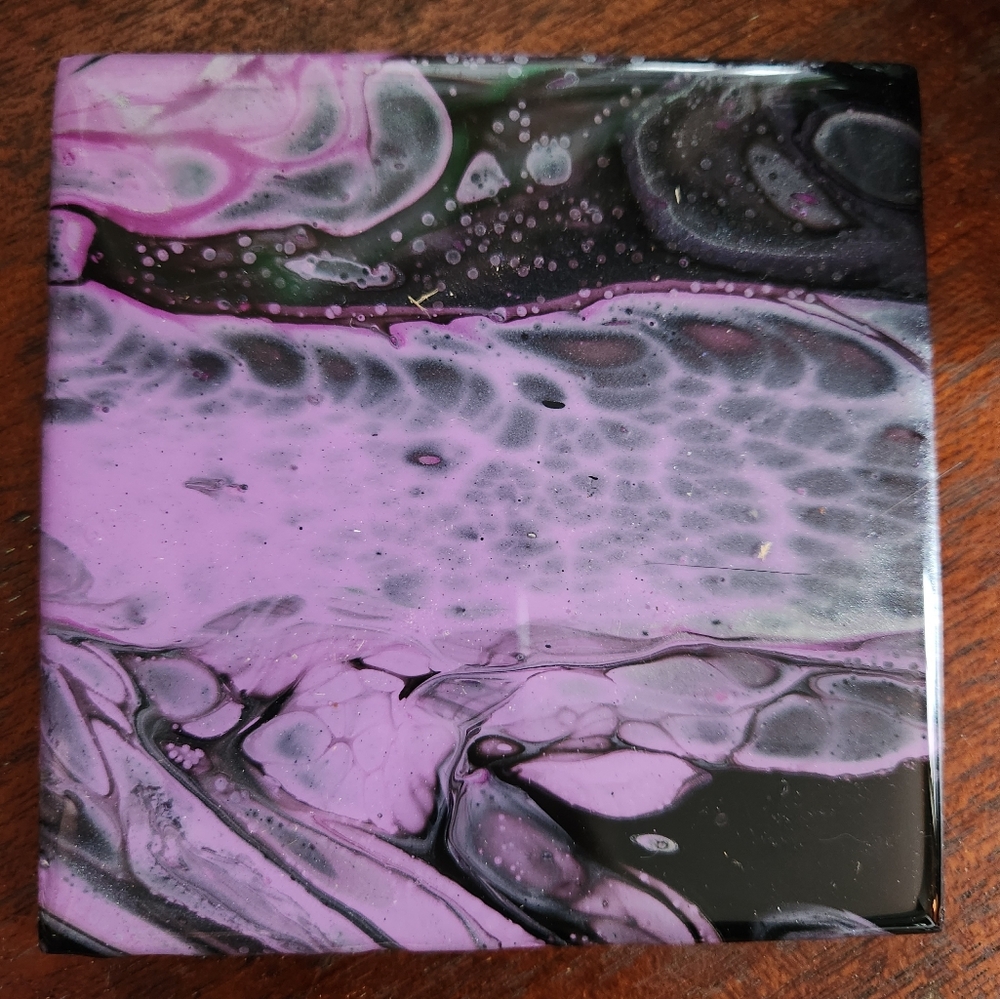 Abstract Fluid Art Coaster Black and Purple , Resin finish